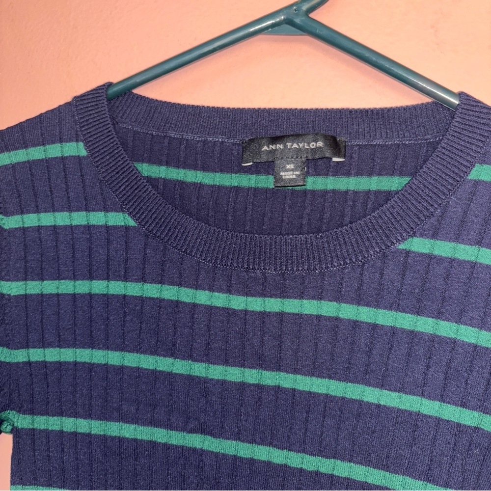 Ann Taylor Navy Blue Green Ribbed Striped Bell Flare Sleeve Sweater Small XS - Picture 7 of 8